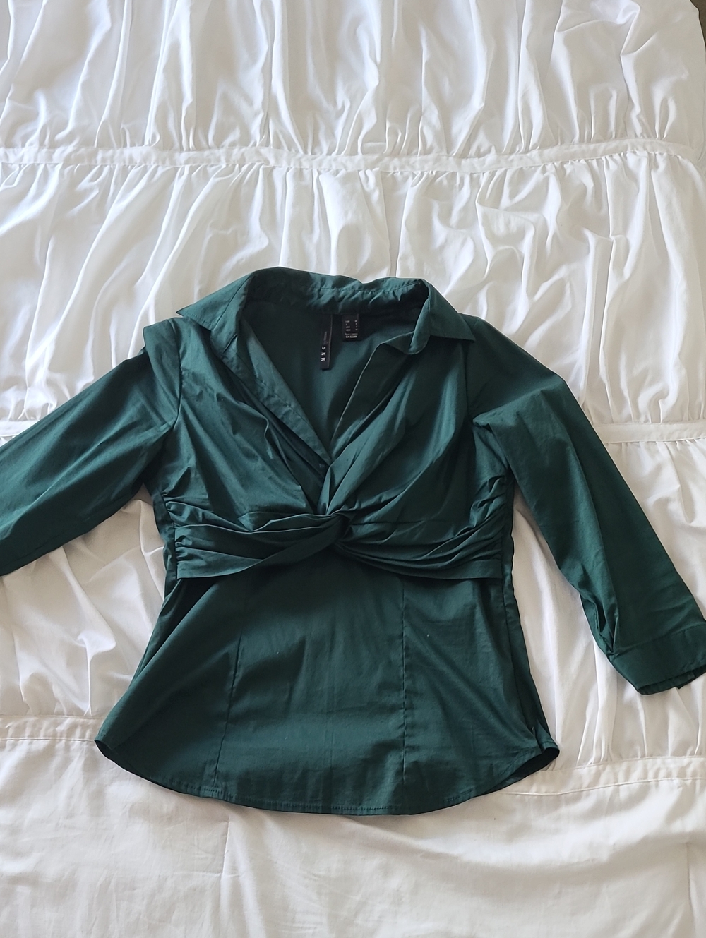 Mango Deep Green Twist-Front Button-Down Blouse
